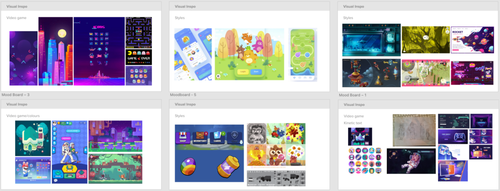 Mood boards full of screenshots of varying mobile game design styles.