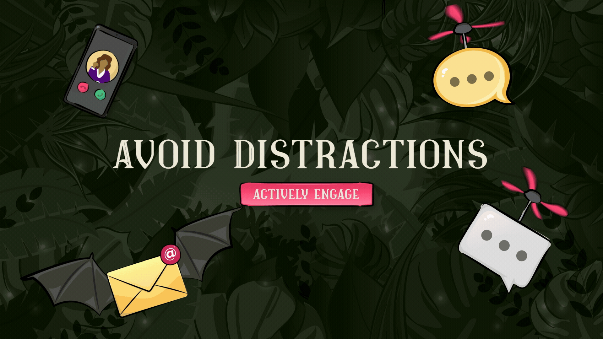 Preview animation showing jungle background with text "Avoid Distractions" and various flying distraction icons